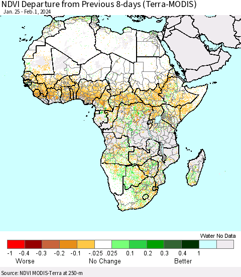 Africa NDVI Departure from Previous 8-days (Terra-MODIS) Thematic Map For 1/25/2024 - 2/1/2024