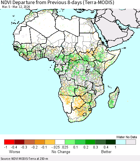 Africa NDVI Departure from Previous 8-days (Terra-MODIS) Thematic Map For 3/5/2024 - 3/12/2024