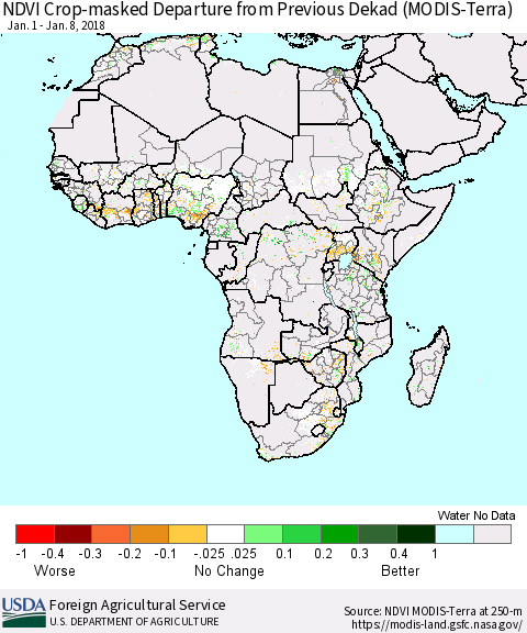 Africa Cropland NDVI Departure from Previous Dekad (Terra-MODIS) Thematic Map For 1/1/2018 - 1/10/2018