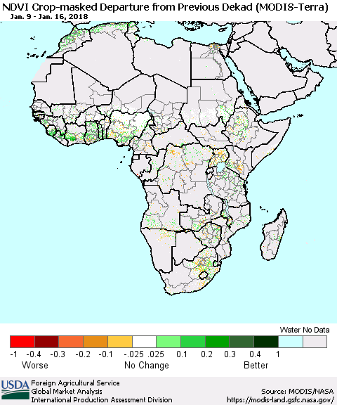 Africa Cropland NDVI Departure from Previous Dekad (Terra-MODIS) Thematic Map For 1/11/2018 - 1/20/2018