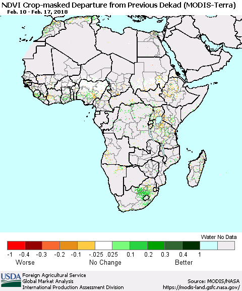Africa Cropland NDVI Departure from Previous Dekad (Terra-MODIS) Thematic Map For 2/11/2018 - 2/20/2018