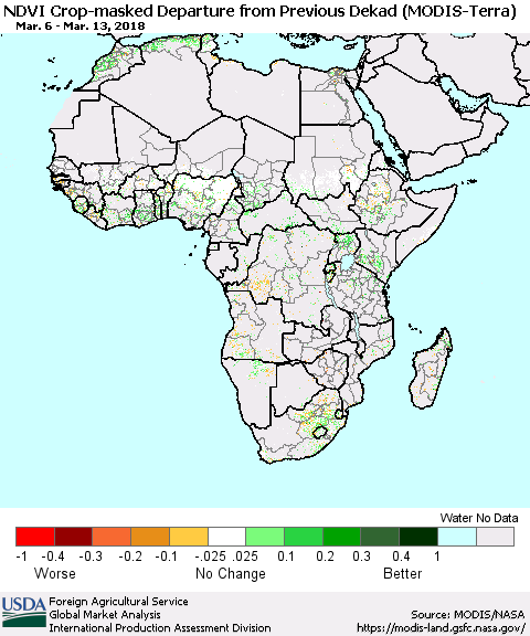 Africa Cropland NDVI Departure from Previous Dekad (Terra-MODIS) Thematic Map For 3/11/2018 - 3/20/2018