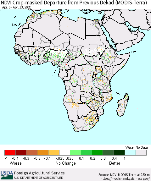 Africa Cropland NDVI Departure from Previous Dekad (Terra-MODIS) Thematic Map For 4/11/2020 - 4/20/2020
