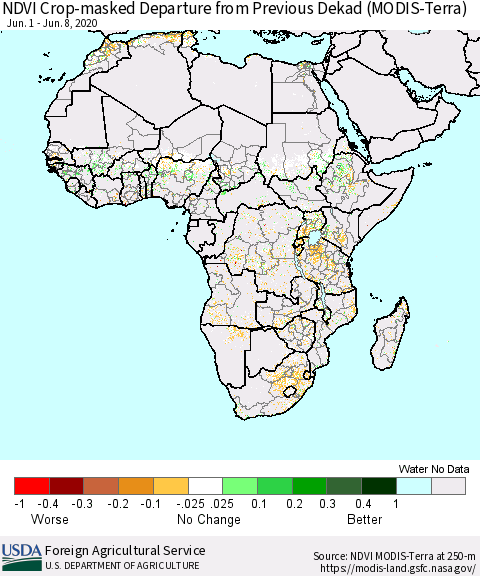 Africa Cropland NDVI Departure from Previous Dekad (Terra-MODIS) Thematic Map For 6/1/2020 - 6/10/2020