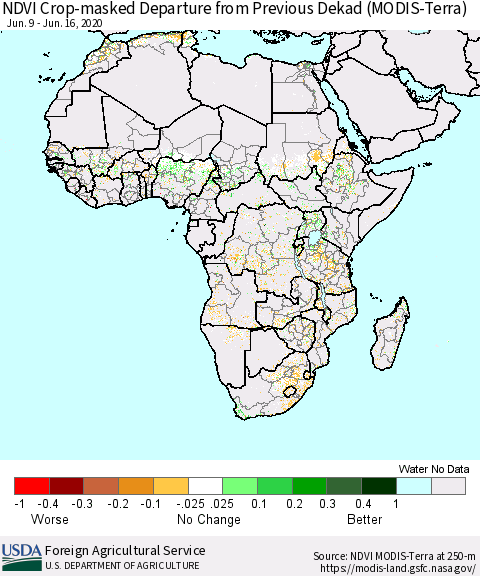 Africa Cropland NDVI Departure from Previous Dekad (Terra-MODIS) Thematic Map For 6/11/2020 - 6/20/2020
