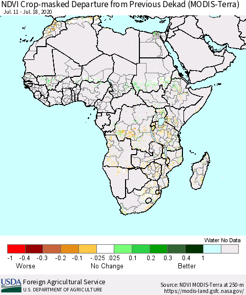 Africa Cropland NDVI Departure from Previous Dekad (Terra-MODIS) Thematic Map For 7/11/2020 - 7/20/2020