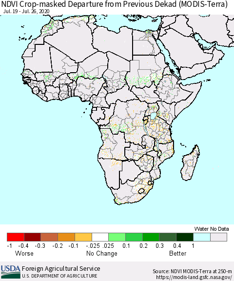 Africa Cropland NDVI Departure from Previous Dekad (Terra-MODIS) Thematic Map For 7/21/2020 - 7/31/2020