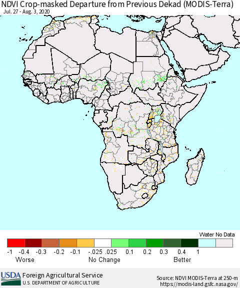 Africa Cropland NDVI Departure from Previous Dekad (Terra-MODIS) Thematic Map For 8/1/2020 - 8/10/2020