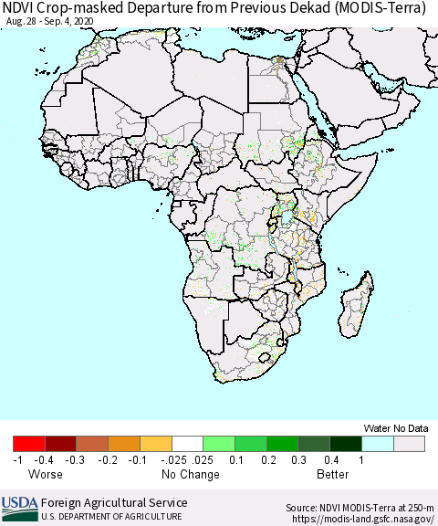 Africa Cropland NDVI Departure from Previous Dekad (Terra-MODIS) Thematic Map For 9/1/2020 - 9/10/2020