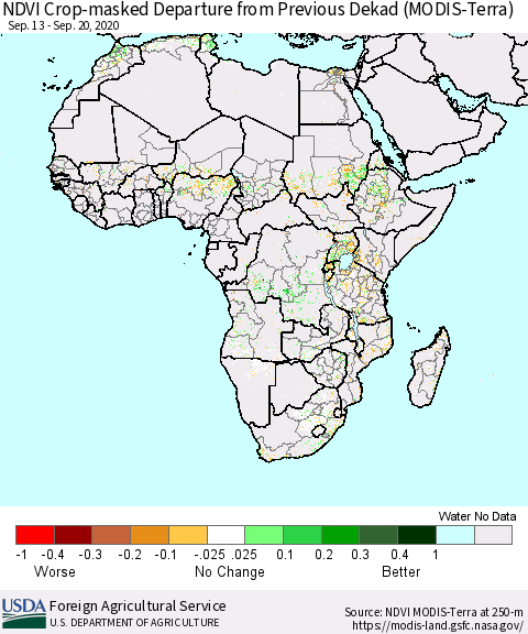 Africa Cropland NDVI Departure from Previous Dekad (Terra-MODIS) Thematic Map For 9/11/2020 - 9/20/2020
