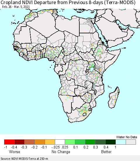 Africa Cropland NDVI Departure from Previous 8-days (Terra-MODIS) Thematic Map For 2/26/2021 - 3/5/2021