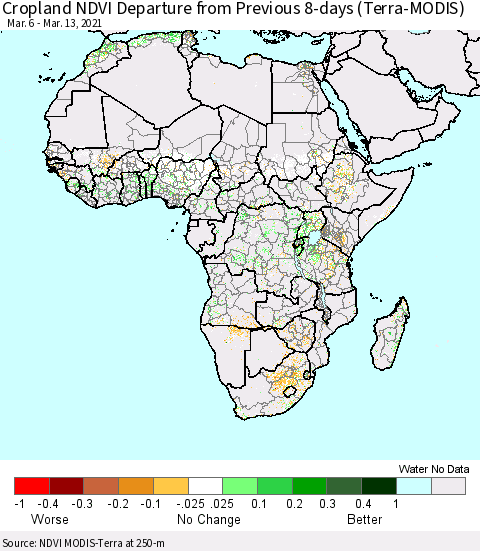 Africa Cropland NDVI Departure from Previous 8-days (Terra-MODIS) Thematic Map For 3/6/2021 - 3/13/2021