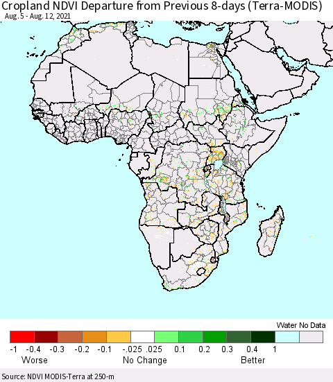 Africa Cropland NDVI Departure from Previous 8-days (Terra-MODIS) Thematic Map For 8/5/2021 - 8/12/2021