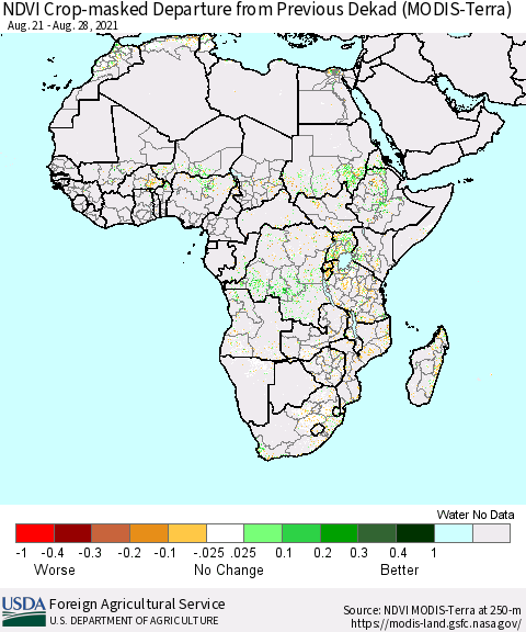 Africa Cropland NDVI Departure from Previous Dekad (Terra-MODIS) Thematic Map For 8/21/2021 - 8/31/2021