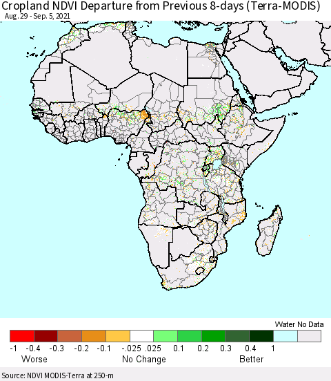 Africa Cropland NDVI Departure from Previous 8-days (Terra-MODIS) Thematic Map For 8/29/2021 - 9/5/2021