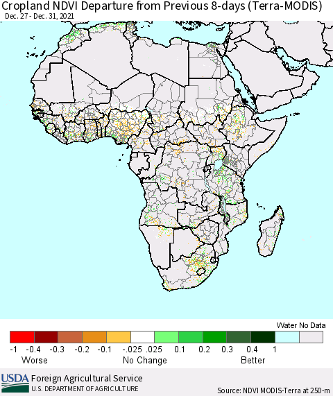 Africa Cropland NDVI Departure from Previous 8-days (Terra-MODIS) Thematic Map For 12/26/2021 - 1/2/2022