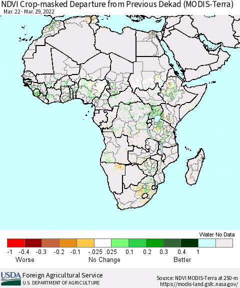 Africa Cropland NDVI Departure from Previous Dekad (Terra-MODIS) Thematic Map For 3/21/2022 - 3/31/2022