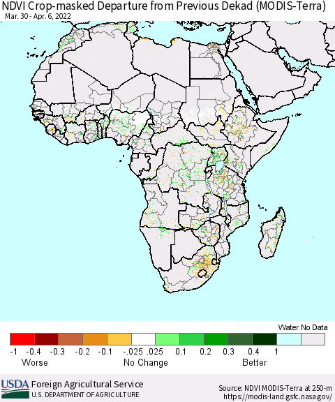 Africa Cropland NDVI Departure from Previous Dekad (Terra-MODIS) Thematic Map For 4/1/2022 - 4/10/2022