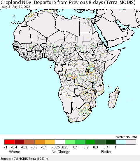Africa Cropland NDVI Departure from Previous 8-days (Terra-MODIS) Thematic Map For 8/5/2022 - 8/12/2022