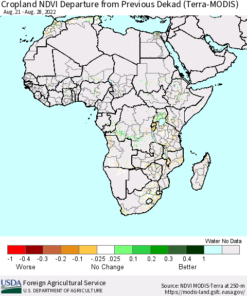 Africa Cropland NDVI Departure from Previous Dekad (Terra-MODIS) Thematic Map For 8/21/2022 - 8/31/2022