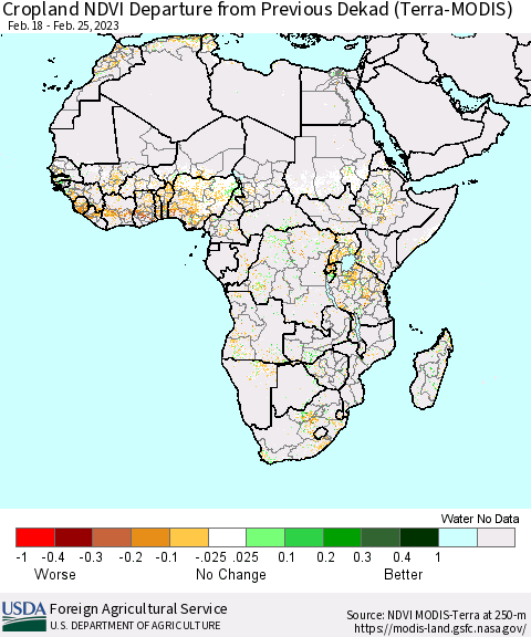 Africa Cropland NDVI Departure from Previous Dekad (Terra-MODIS) Thematic Map For 2/21/2023 - 2/28/2023