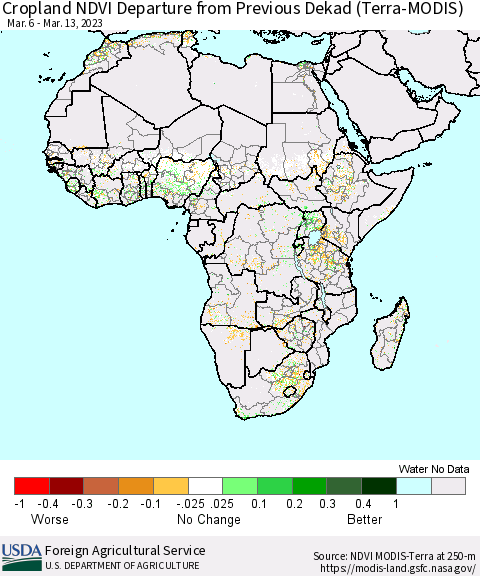 Africa Cropland NDVI Departure from Previous Dekad (Terra-MODIS) Thematic Map For 3/11/2023 - 3/20/2023