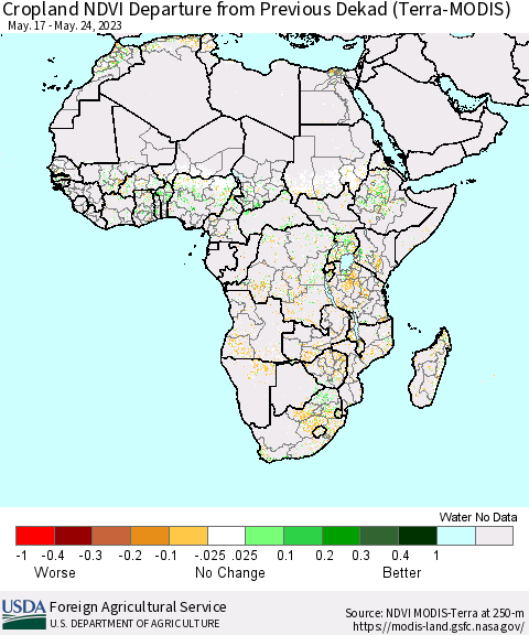 Africa Cropland NDVI Departure from Previous Dekad (Terra-MODIS) Thematic Map For 5/21/2023 - 5/31/2023