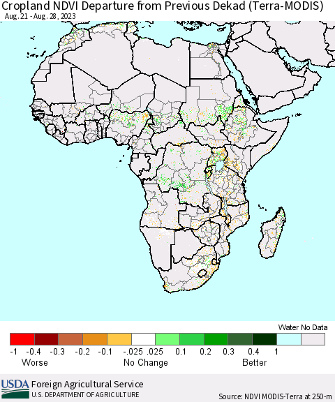 Africa Cropland NDVI Departure from Previous Dekad (Terra-MODIS) Thematic Map For 8/21/2023 - 8/31/2023