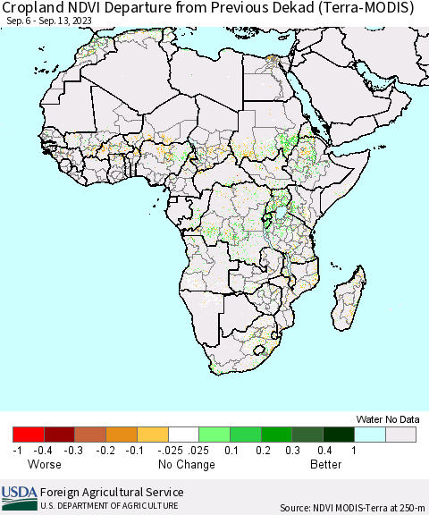 Africa Cropland NDVI Departure from Previous Dekad (Terra-MODIS) Thematic Map For 9/11/2023 - 9/20/2023