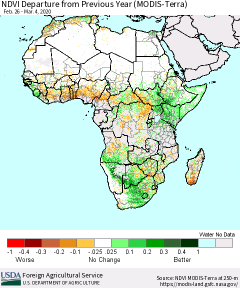 Africa NDVI Departure from Previous Year (Terra-MODIS) Thematic Map For 3/1/2020 - 3/10/2020