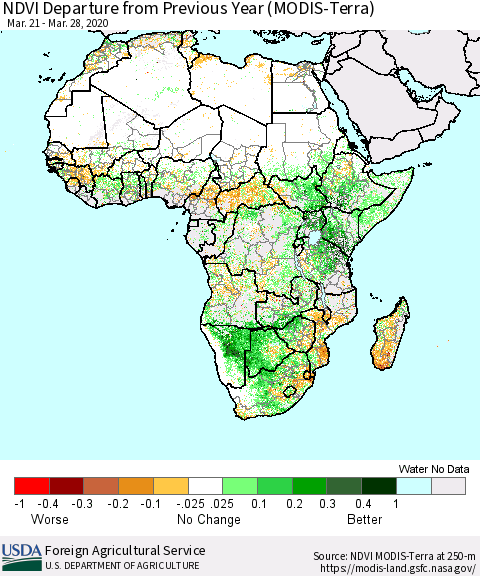 Africa NDVI Departure from Previous Year (Terra-MODIS) Thematic Map For 3/21/2020 - 3/31/2020