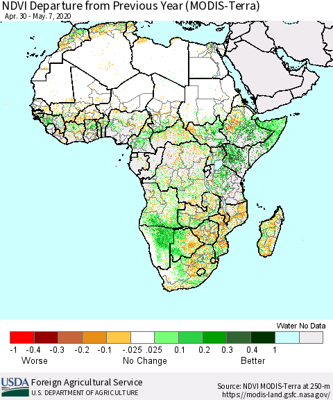 Africa NDVI Departure from Previous Year (Terra-MODIS) Thematic Map For 5/1/2020 - 5/10/2020