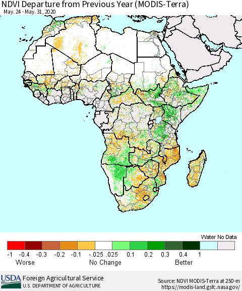Africa NDVI Departure from Previous Year (Terra-MODIS) Thematic Map For 5/21/2020 - 5/31/2020