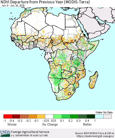 Africa NDVI Departure from Previous Year (Terra-MODIS) Thematic Map For 6/11/2020 - 6/20/2020