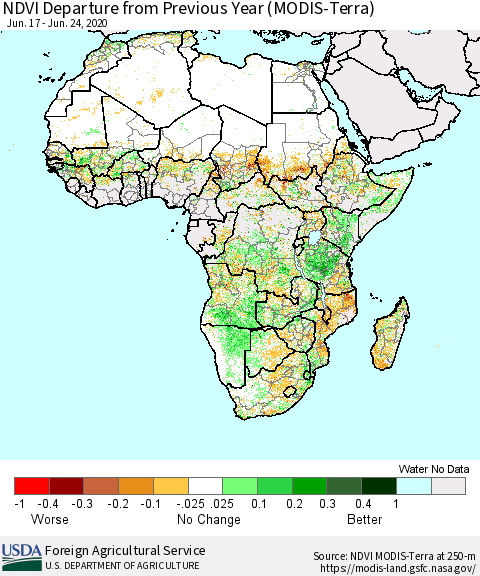 Africa NDVI Departure from Previous Year (Terra-MODIS) Thematic Map For 6/21/2020 - 6/30/2020