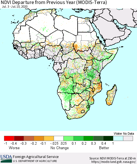 Africa NDVI Departure from Previous Year (Terra-MODIS) Thematic Map For 7/1/2020 - 7/10/2020