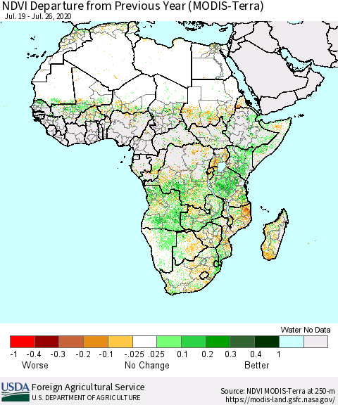 Africa NDVI Departure from Previous Year (Terra-MODIS) Thematic Map For 7/21/2020 - 7/31/2020