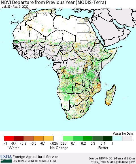 Africa NDVI Departure from Previous Year (Terra-MODIS) Thematic Map For 8/1/2020 - 8/10/2020