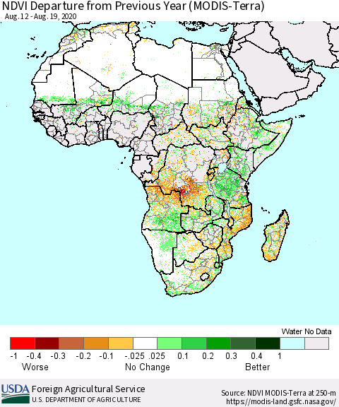 Africa NDVI Departure from Previous Year (Terra-MODIS) Thematic Map For 8/11/2020 - 8/20/2020