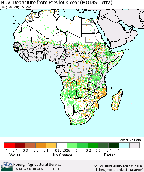 Africa NDVI Departure from Previous Year (Terra-MODIS) Thematic Map For 8/21/2020 - 8/31/2020