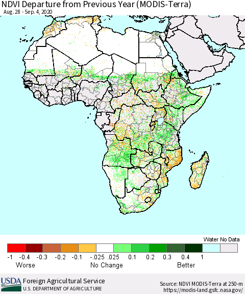 Africa NDVI Departure from Previous Year (Terra-MODIS) Thematic Map For 9/1/2020 - 9/10/2020