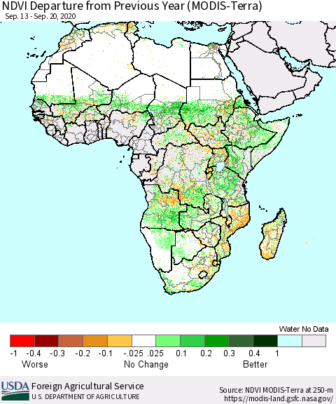 Africa NDVI Departure from Previous Year (Terra-MODIS) Thematic Map For 9/11/2020 - 9/20/2020