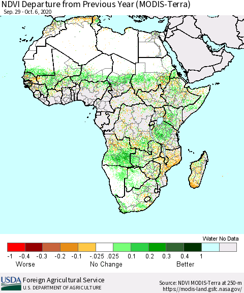 Africa NDVI Departure from Previous Year (Terra-MODIS) Thematic Map For 10/1/2020 - 10/10/2020