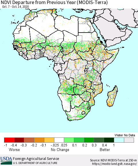 Africa NDVI Departure from Previous Year (Terra-MODIS) Thematic Map For 10/11/2020 - 10/20/2020