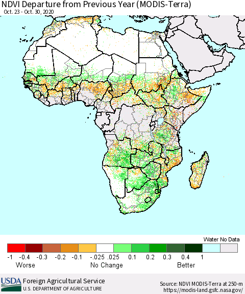 Africa NDVI Departure from Previous Year (Terra-MODIS) Thematic Map For 10/21/2020 - 10/31/2020