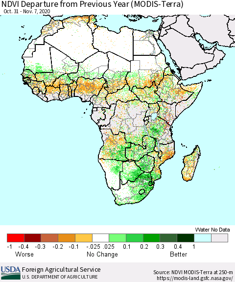 Africa NDVI Departure from Previous Year (Terra-MODIS) Thematic Map For 11/1/2020 - 11/10/2020