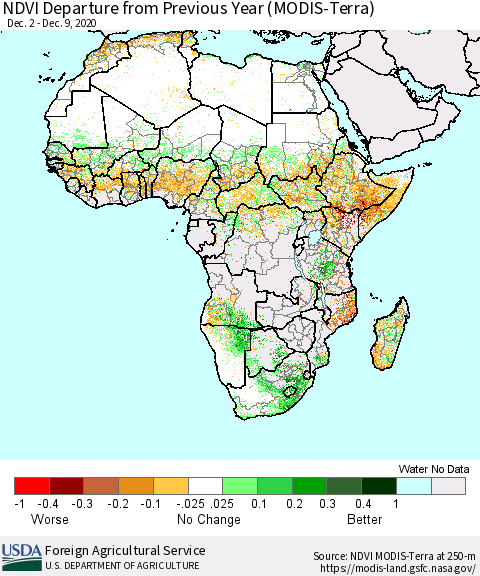 Africa NDVI Departure from Previous Year (Terra-MODIS) Thematic Map For 12/1/2020 - 12/10/2020