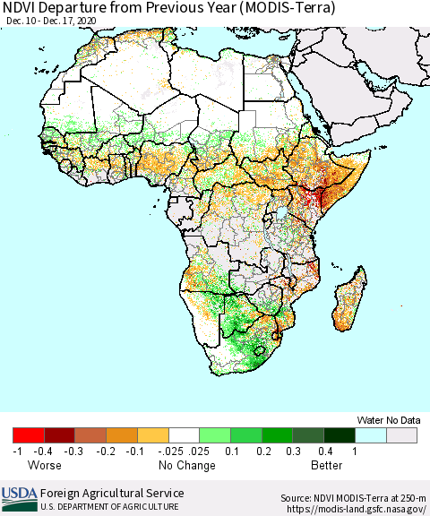 Africa NDVI Departure from Previous Year (Terra-MODIS) Thematic Map For 12/11/2020 - 12/20/2020
