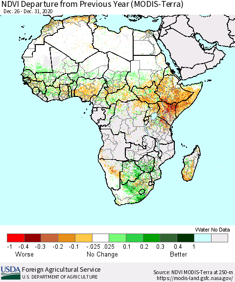 Africa NDVI Departure from Previous Year (Terra-MODIS) Thematic Map For 12/21/2020 - 12/31/2020