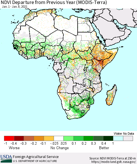 Africa NDVI Departure from Previous Year (Terra-MODIS) Thematic Map For 1/1/2021 - 1/10/2021